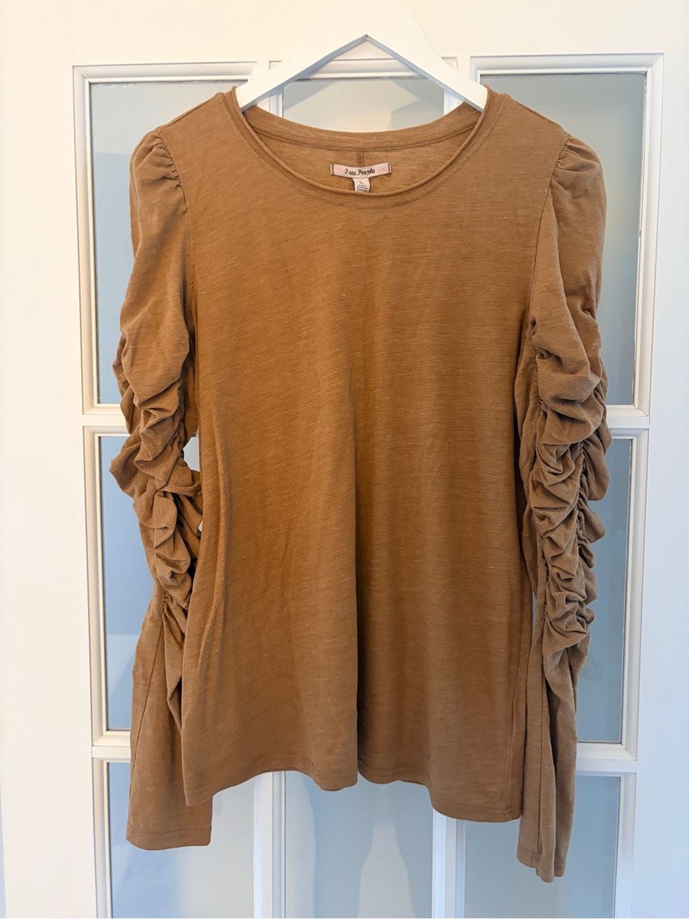 Free People We The Free Natasha  Ruched-Sleeve Long Sleeve Top - Camel